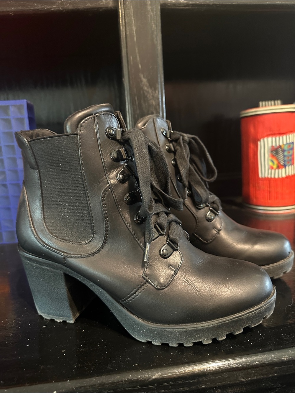 MIA Black Lace-Up Chunky Heel Ankle Boots